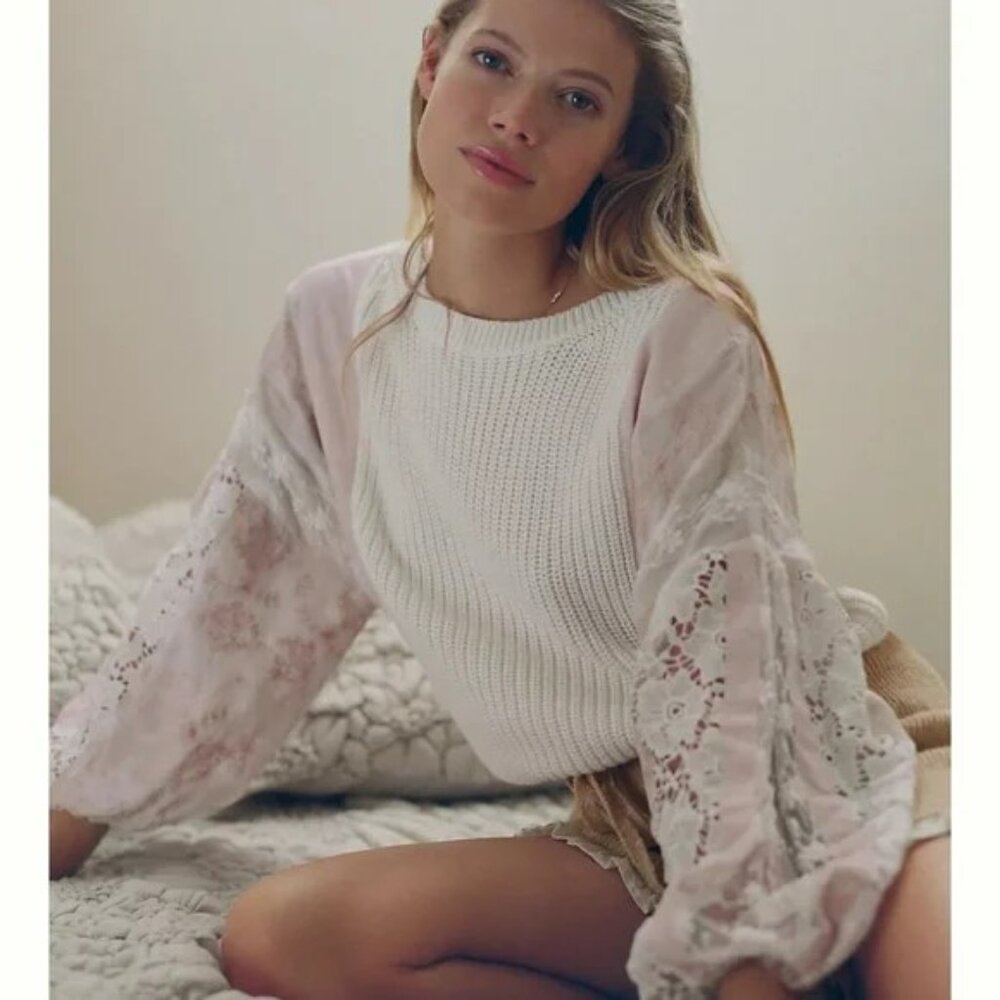 Pilcro Cream Sweater with Pale Pink Lace Balloon Sleeves